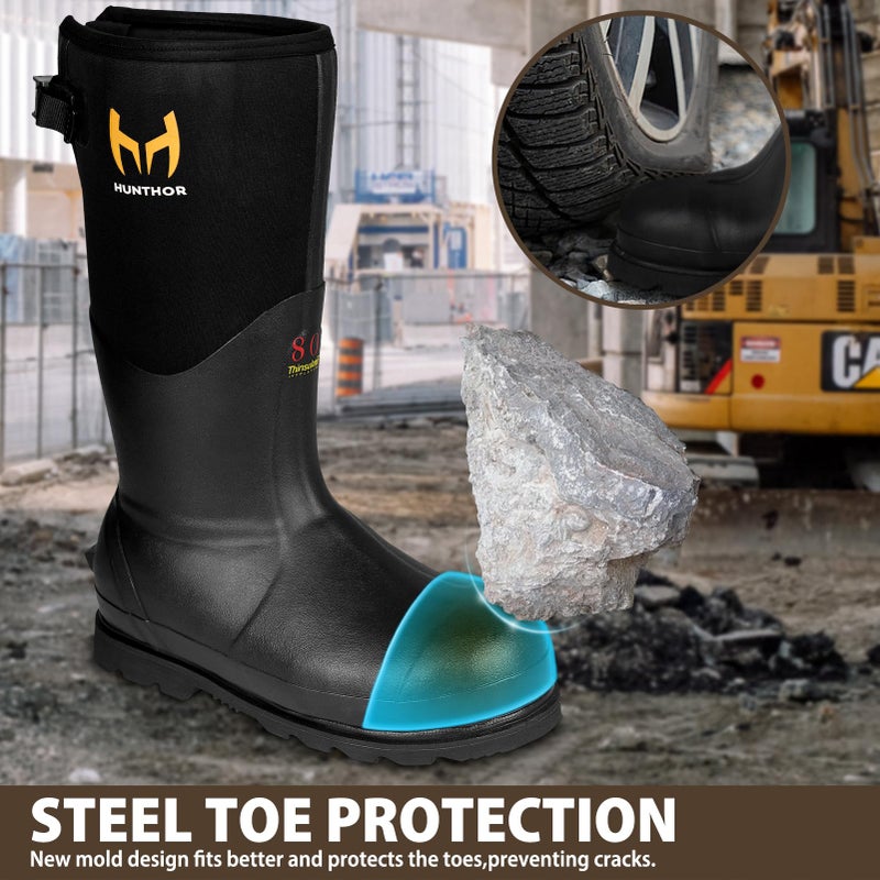 Hunthor Rubber Work Boots with 800g Insulation, Puncture-Proof Steel Toe & Shank, Waterproof and Insulated 6mm Neoprene Hunting Boots for Farming, Construction, Fishing, and Manufacturing (Black, Size 8) - Image 2