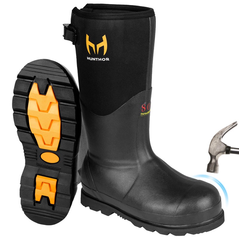 Hunthor Rubber Work Boots with 800g Insulation, Puncture-Proof Steel Toe & Shank, Waterproof and Insulated 6mm Neoprene Hunting Boots for Farming, Construction, Fishing, and Manufacturing (Black, Size 8) - Image 1