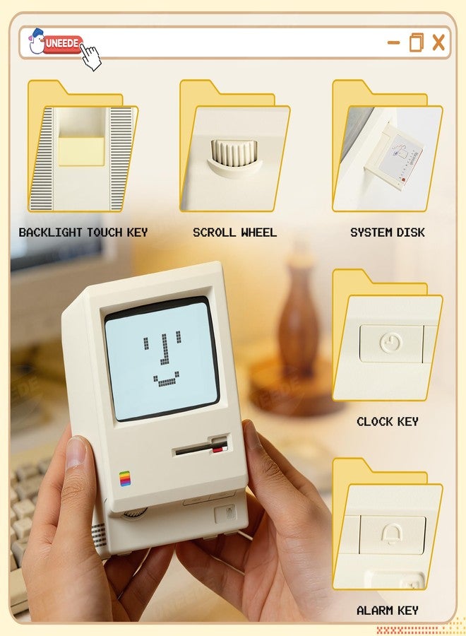 UNEEDE Maclock Retro Desk Clock, 1984 W-8 Computer Inspired Pixel Display Rechargeable Desk Clock, Multi-Alarm, Calendar, Temperature, Dimmable, Unique Retro Tech Gift for Office Bedroom Night Light - Image 4
