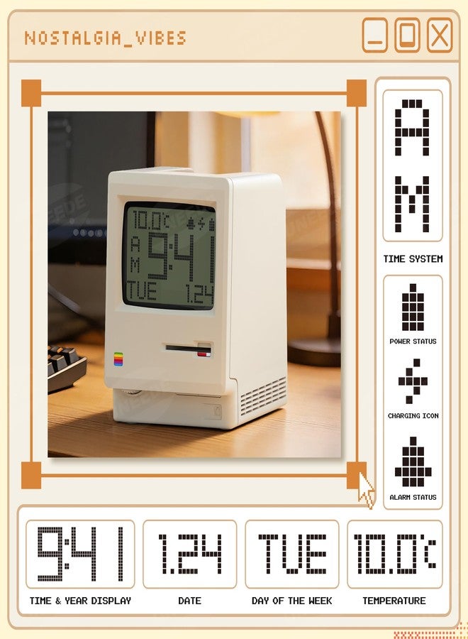 UNEEDE Maclock Retro Desk Clock, 1984 W-8 Computer Inspired Pixel Display Rechargeable Desk Clock, Multi-Alarm, Calendar, Temperature, Dimmable, Unique Retro Tech Gift for Office Bedroom Night Light - Image 2