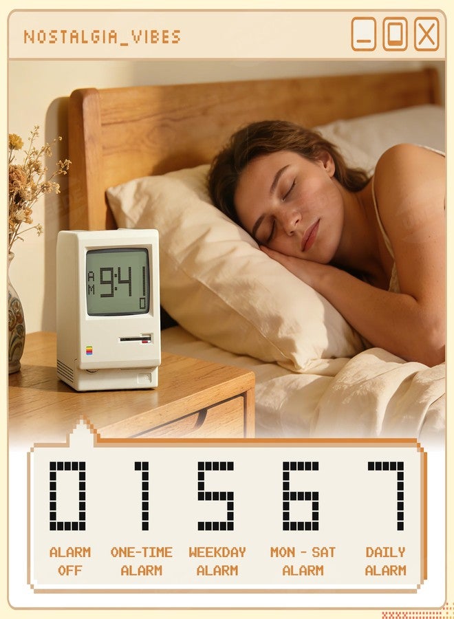 UNEEDE Maclock Retro Desk Clock, 1984 W-8 Computer Inspired Pixel Display Rechargeable Desk Clock, Multi-Alarm, Calendar, Temperature, Dimmable, Unique Retro Tech Gift for Office Bedroom Night Light - Image 5