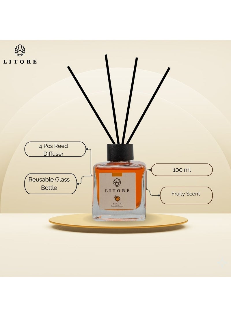 Litore Litore Peach Reed Diffuser, Best Diffuser Aromatherapy Perfume, Home Fragrance, Oil Diffuser & Reed Diffuser Sticks - Perfect for Home & Office - 100 ml  - Image 4