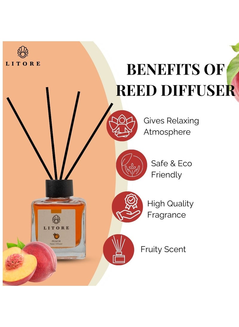 Litore Litore Peach Reed Diffuser, Best Diffuser Aromatherapy Perfume, Home Fragrance, Oil Diffuser & Reed Diffuser Sticks - Perfect for Home & Office - 100 ml  - Image 5