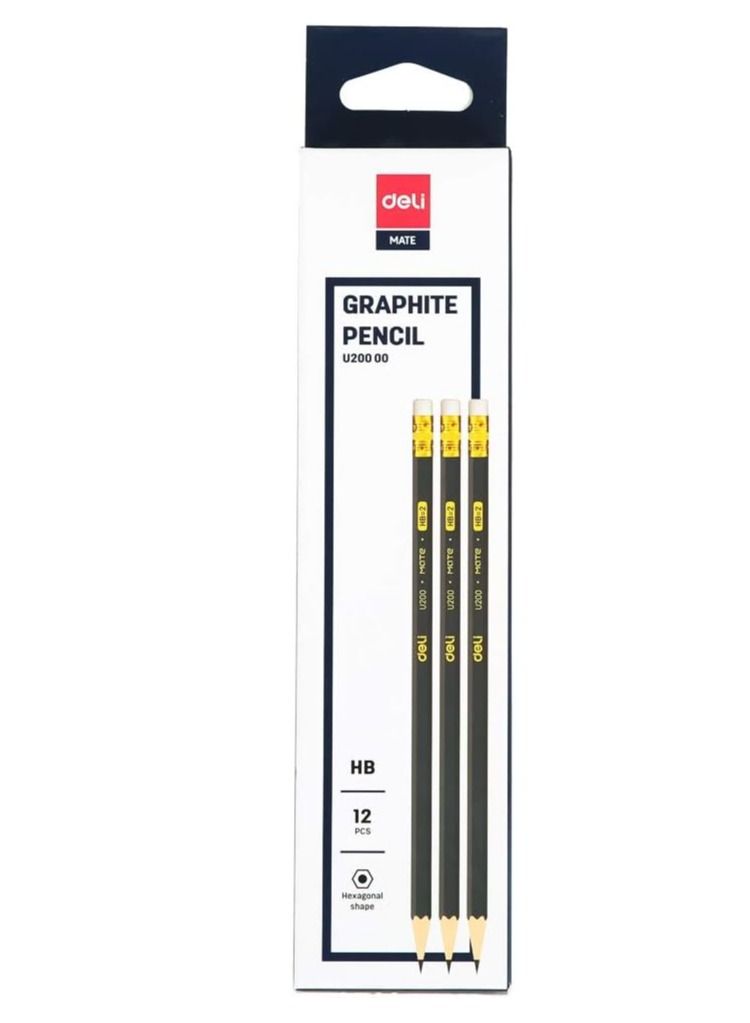 Deli 12 قطعة قلم رصاص جرافيت HB مع ممحاة أسود/أصفر - Image 1