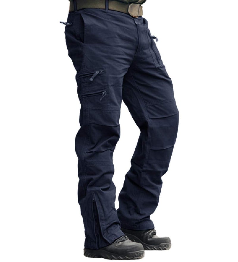 CRYSULLY Mens Cargo Pants Hiking 9 Pockets Cotton Combat Work Safari Ripstop Construction Pant with Zipper Navy Blue 36