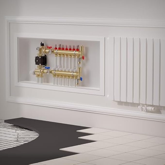 BRASS HEATING CIRCUIT DISTRIBUTOR FOR 7 HEATING CIRCUITS WITH EURO-16  2 MM CONE, UNDERFLOOR HEATING DISTRIBUTOR, QUICK VENT KIT, FLOW METER - Image 2