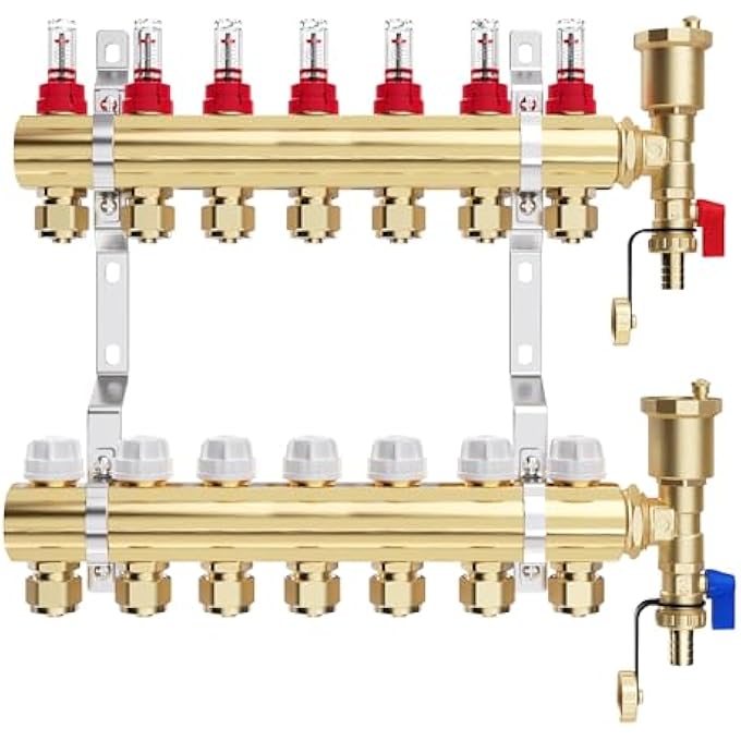 BRASS HEATING CIRCUIT DISTRIBUTOR FOR 7 HEATING CIRCUITS WITH EURO-16  2 MM CONE, UNDERFLOOR HEATING DISTRIBUTOR, QUICK VENT KIT, FLOW METER - Image 1