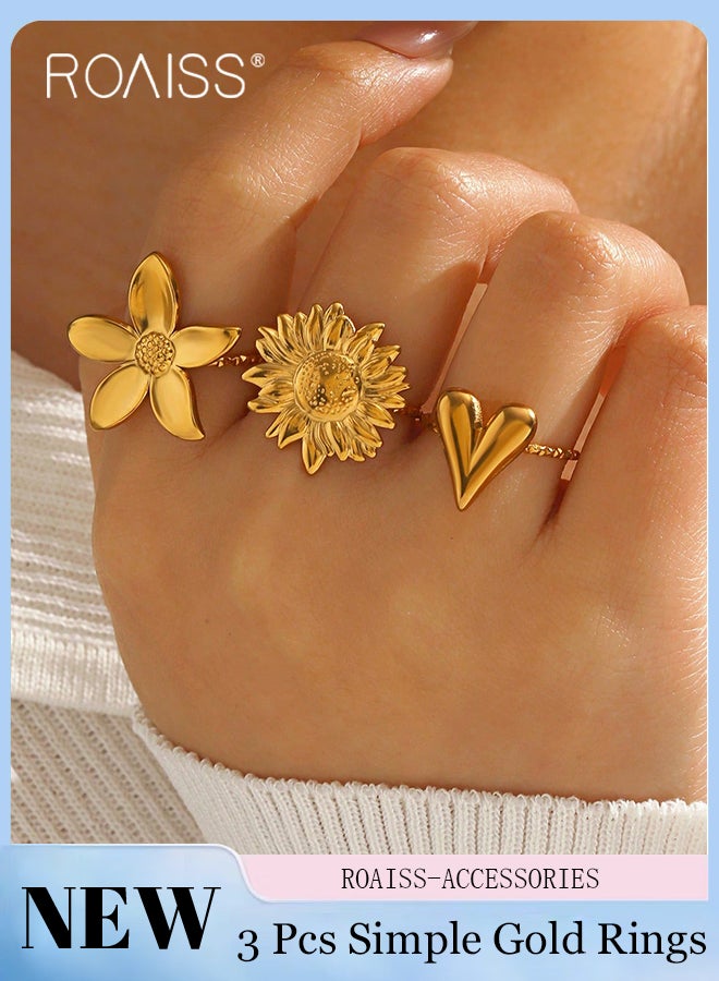 roaiss 3 Pcs Stainless Steel Rings Stylish Flower and Heart Rings, Simple Stackable Thin Bands Finger Floral Jewelry Suitable for Women for Everyday Wear and Special Occasions - Image 1