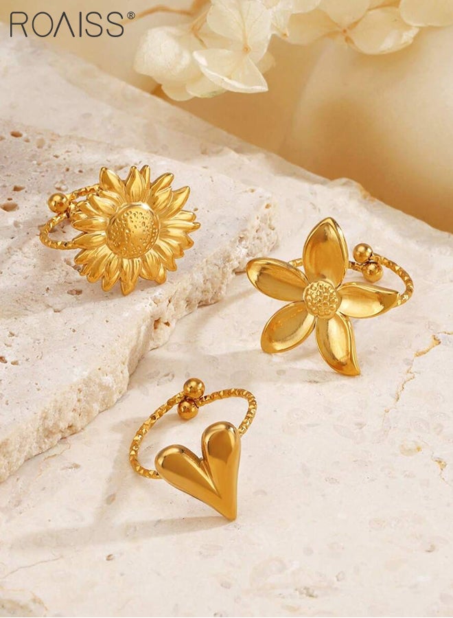 roaiss 3 Pcs Stainless Steel Rings Stylish Flower and Heart Rings, Simple Stackable Thin Bands Finger Floral Jewelry Suitable for Women for Everyday Wear and Special Occasions - Image 4