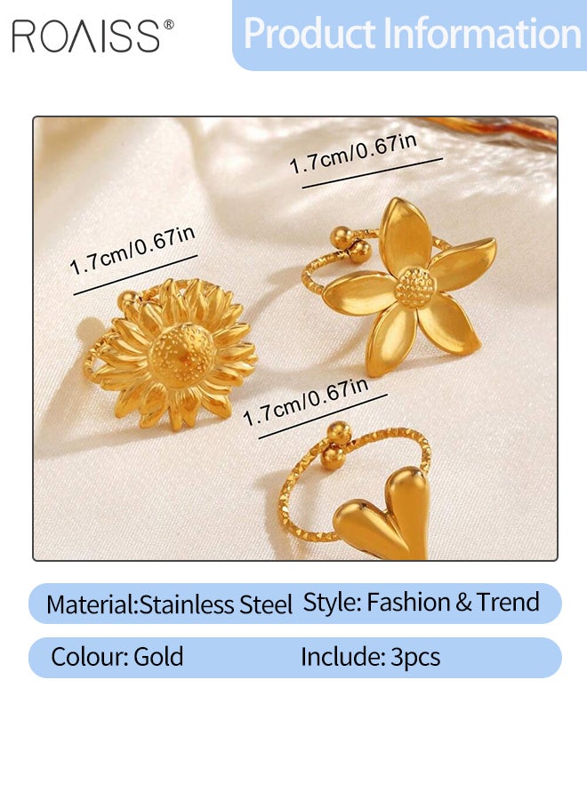roaiss 3 Pcs Stainless Steel Rings Stylish Flower and Heart Rings, Simple Stackable Thin Bands Finger Floral Jewelry Suitable for Women for Everyday Wear and Special Occasions - Image 2