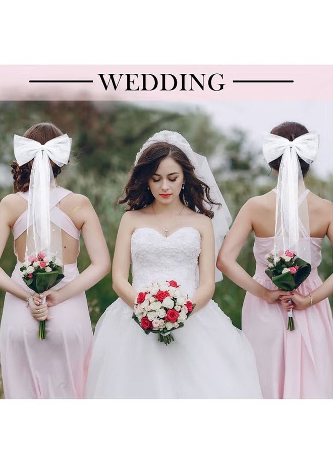 HY Mesh Ribbon Hairpin, Bridal Bow Veil, Pearl White Hairpin, Wedding Dress Temperament Girl Top Clip, Bridal Bridesmaid Hair Accessories (Pearl Bow, White) - Image 4