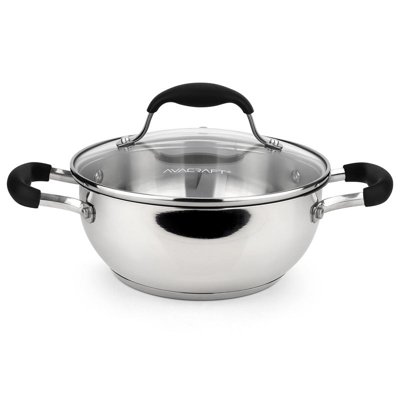 بان AVACRAFT 1810 من الفولاذ المقاوم للصدأ، مقلاة يومية، مقلاة تقليب مع قاعدة من خمس طبقات، مقلاة شيف مع غطاء زجاجي، وعاء متعدد الاستخدامات، مقلاة، مقلاة سوتيه، كسرولة في الأواني والمقالي 8 بوصة