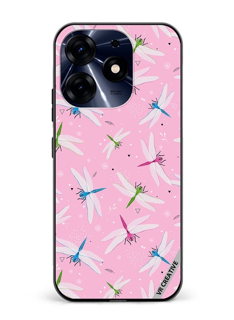 Protective Case Cover For Tecno Spark 10 Pro Dragonfly And Flowers Pattern On Pink Design Multicolour