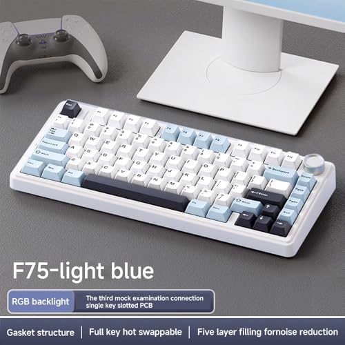 Shaking Tank x Aula F75 Gasket Mechanical Keyboard, 75% Wireless Hot Swappable Gaming Keyboard with Five-Layer Padding&Knob, Bluetooth/2.4GHz/USB-C, RGB (Light Blue, Ice Vein Switch) - Image 2