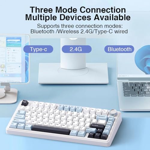 Shaking Tank x Aula F75 Gasket Mechanical Keyboard, 75% Wireless Hot Swappable Gaming Keyboard with Five-Layer Padding&Knob, Bluetooth/2.4GHz/USB-C, RGB (Light Blue, Ice Vein Switch) - Image 3