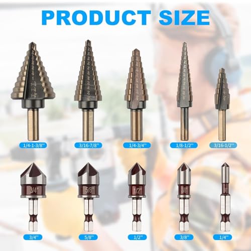 Rocaris 5 Pack Step Drill Bit & 5 Pack Countersink Drill Bit Set, Titanium Coated, 50 Sizes of Step Bit for Metal with Aluminum Case, Multiple Hole Stepped Up Bits for DIY - Image 2
