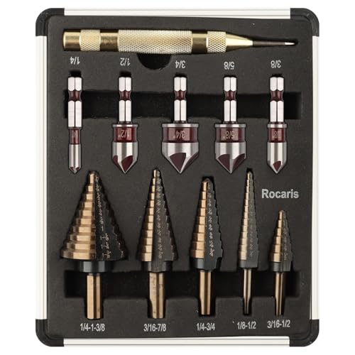 Rocaris 5 Pack Step Drill Bit & 5 Pack Countersink Drill Bit Set, Titanium Coated, 50 Sizes of Step Bit for Metal with Aluminum Case, Multiple Hole Stepped Up Bits for DIY - Image 1