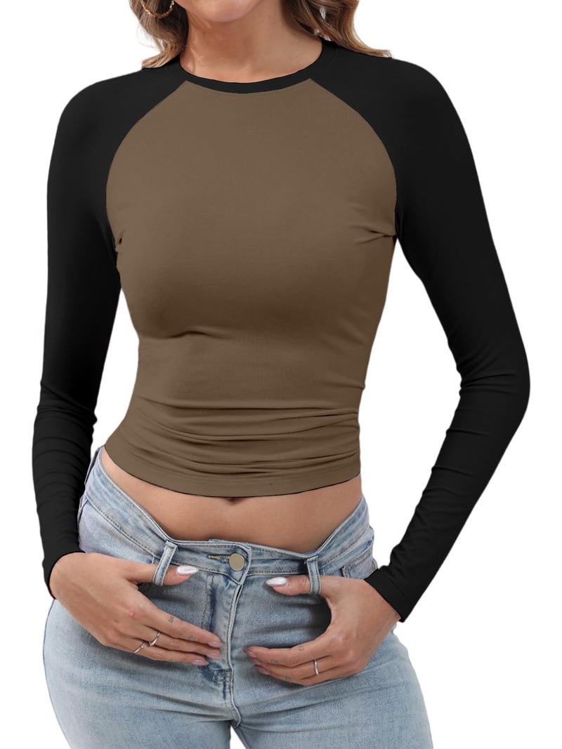 Abardsion Women's Long Sleeve Shirts Y2K Slim Fit Stretchy Slightly Crop Tops (Mocha & Black Sleeve, S) - Image 1