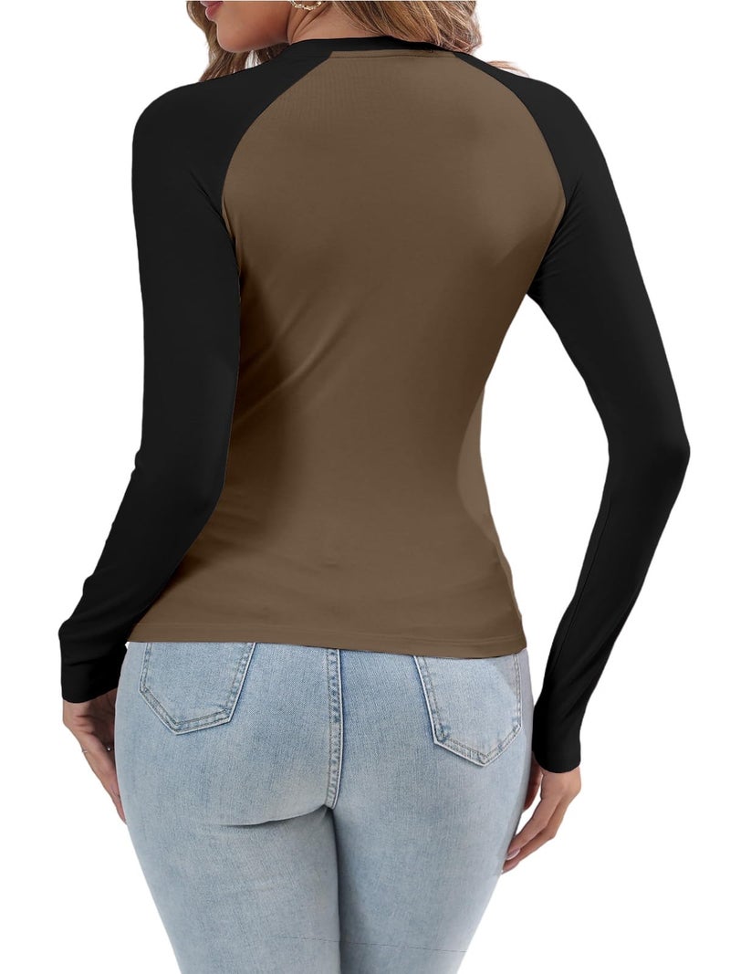 Abardsion Women's Long Sleeve Shirts Y2K Slim Fit Stretchy Slightly Crop Tops (Mocha & Black Sleeve, S) - Image 3