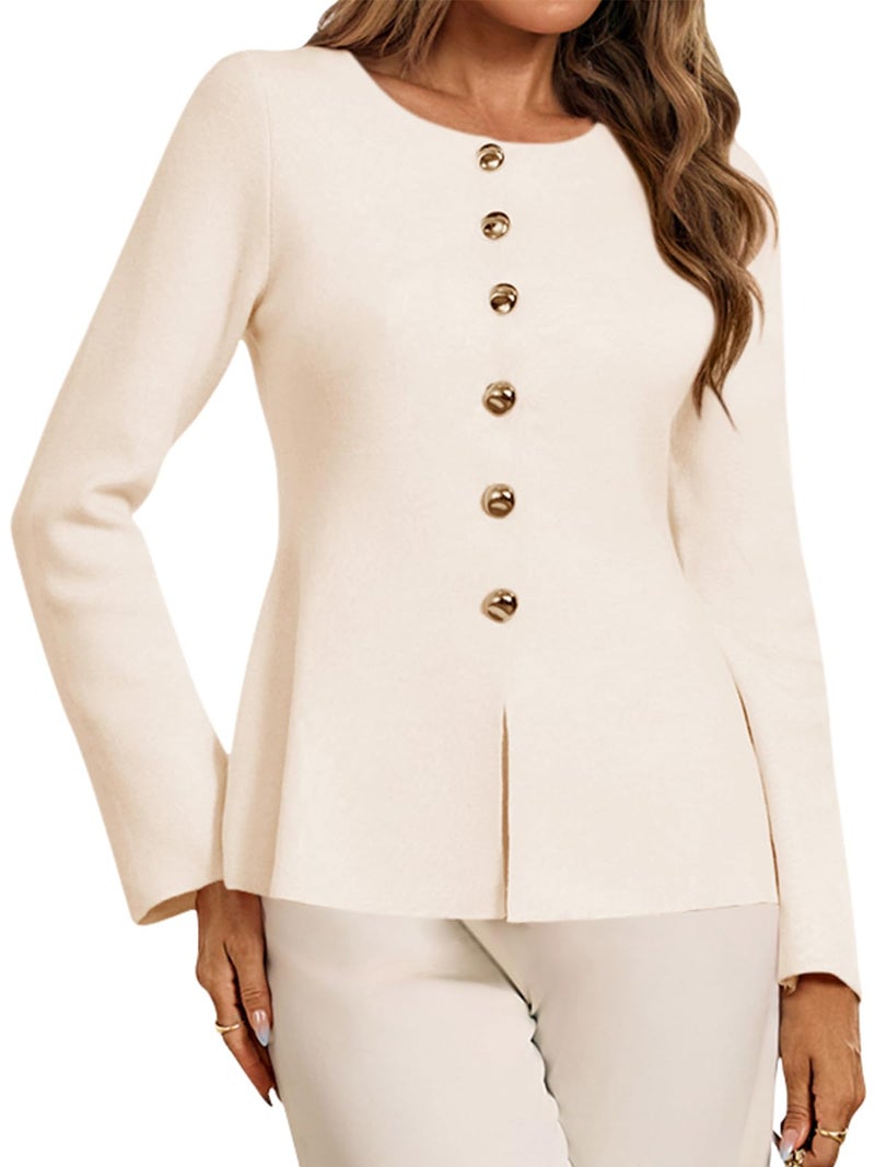 Cicy Bell Womens Button Up Cardigan Sweaters Lightweight Long Sleeve Knit Tops Business Casual Round Neck Fitted Jacket Apricot - Image 2