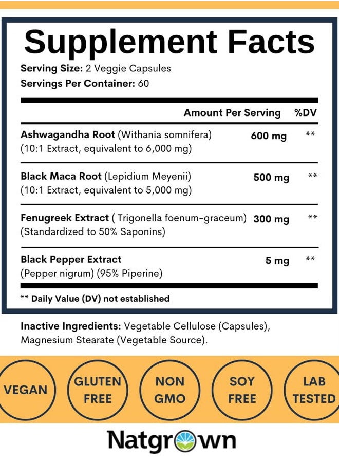 Natgrown - Ashwagandha Maca Root Fenugreek Extract Capsules Supplement for Men & Women - Vegan Pills - (120 Count) - Image 1