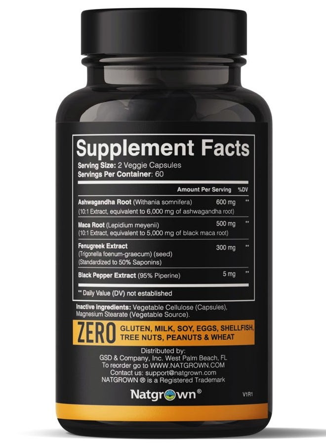 Natgrown - Ashwagandha Maca Root Fenugreek Extract Capsules Supplement for Men & Women - Vegan Pills - (120 Count) - Image 1