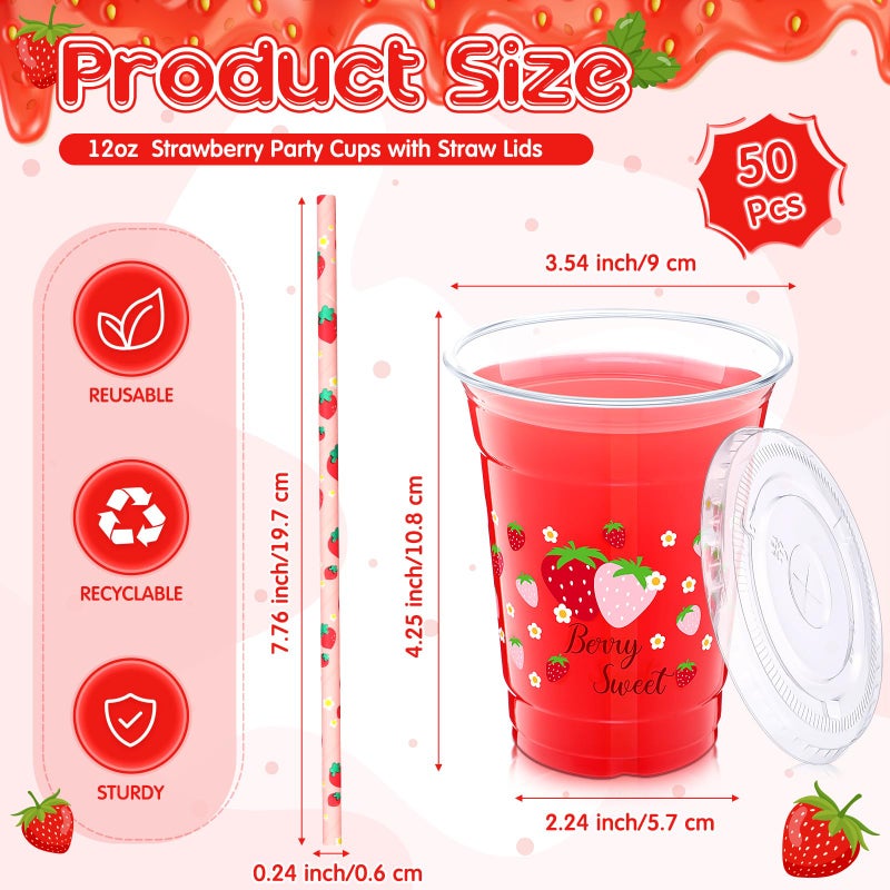 Jingmore 50 Sets 12 oz Strawberry Plastic Cups with Lids and Straw Disposable Strawberry Cold Beverage Drinking Cups First Birthday Party Decoration for Berry Fruit Sweet Party Birthday Baby Shower - Image 3