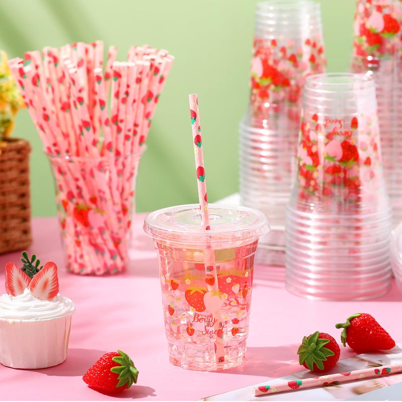 Jingmore 50 Sets 12 oz Strawberry Plastic Cups with Lids and Straw Disposable Strawberry Cold Beverage Drinking Cups First Birthday Party Decoration for Berry Fruit Sweet Party Birthday Baby Shower - Image 2