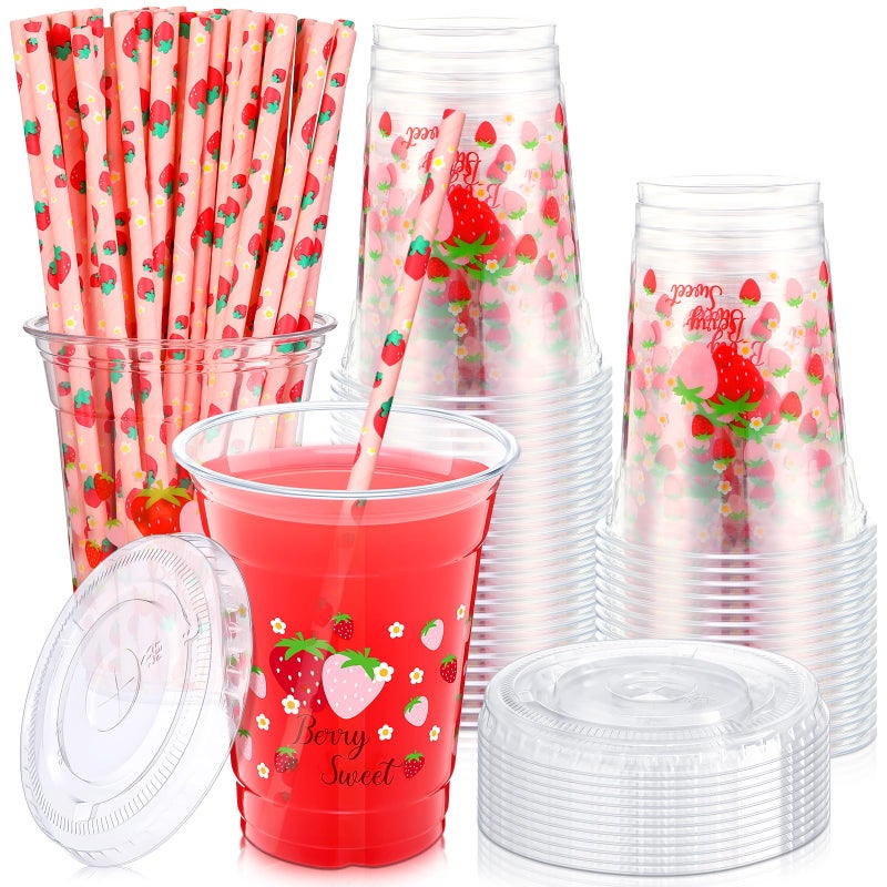 Jingmore 50 Sets 12 oz Strawberry Plastic Cups with Lids and Straw Disposable Strawberry Cold Beverage Drinking Cups First Birthday Party Decoration for Berry Fruit Sweet Party Birthday Baby Shower - Image 1