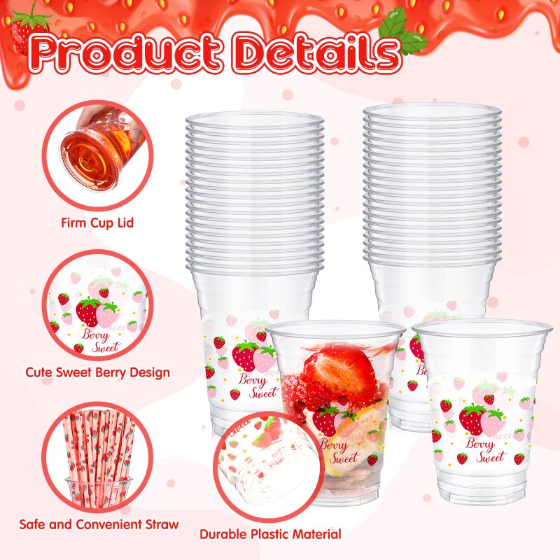 Jingmore 50 Sets 12 oz Strawberry Plastic Cups with Lids and Straw Disposable Strawberry Cold Beverage Drinking Cups First Birthday Party Decoration for Berry Fruit Sweet Party Birthday Baby Shower - Image 4