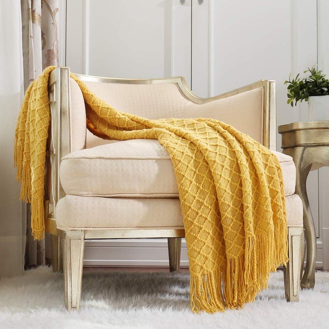 KNITTED DECORATIVE THROW BLANKET FOR COUCH SOFA CHAIR BEDSOFT WARM COZY LIGHT WEIGHT FOR SPRING SUMMER 50X60 MUSTARD YELLOW
