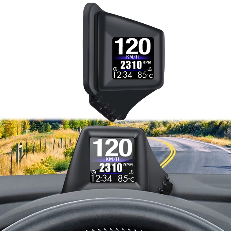 عرض رأس السيارة Geloo HUD مع نظام OBD2 ونظام GPS مزدوج عرض HUD مع عداد سرعة OBD2 8 أوضاع عداد متعدد الوظائف عرض لوحة القيادة عداد ذكي يمكن تركيبه على لوحة القيادة أو تريم العمود A