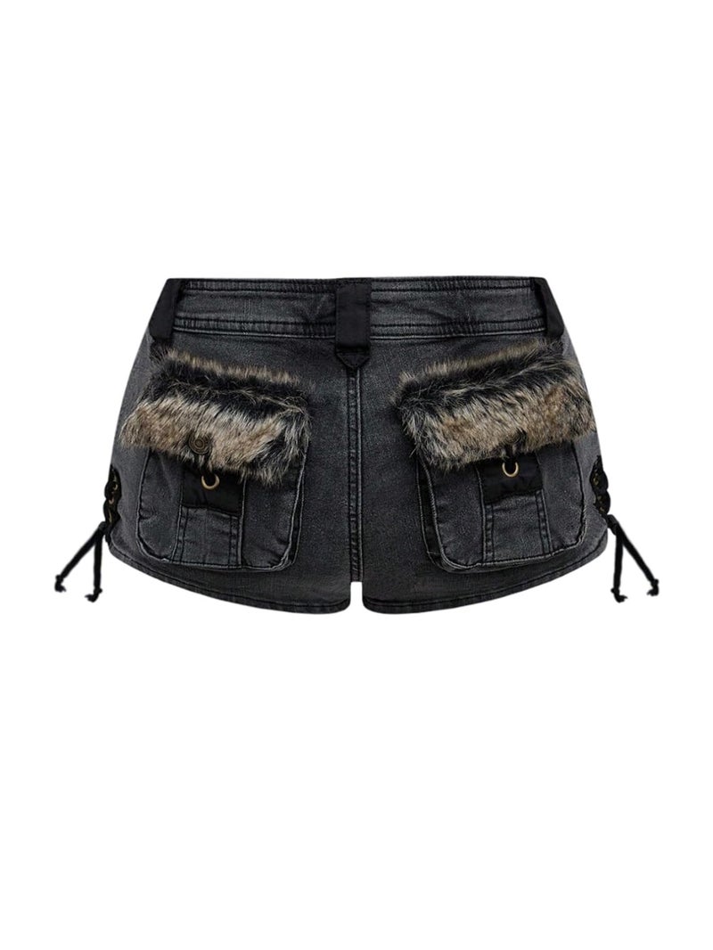 WDIRARA Women's Fuzzy Low Rise Denim Shorts Lace Up Vintage Mini Jean Shorts Streetwear Dark Grey Medium - Image 1