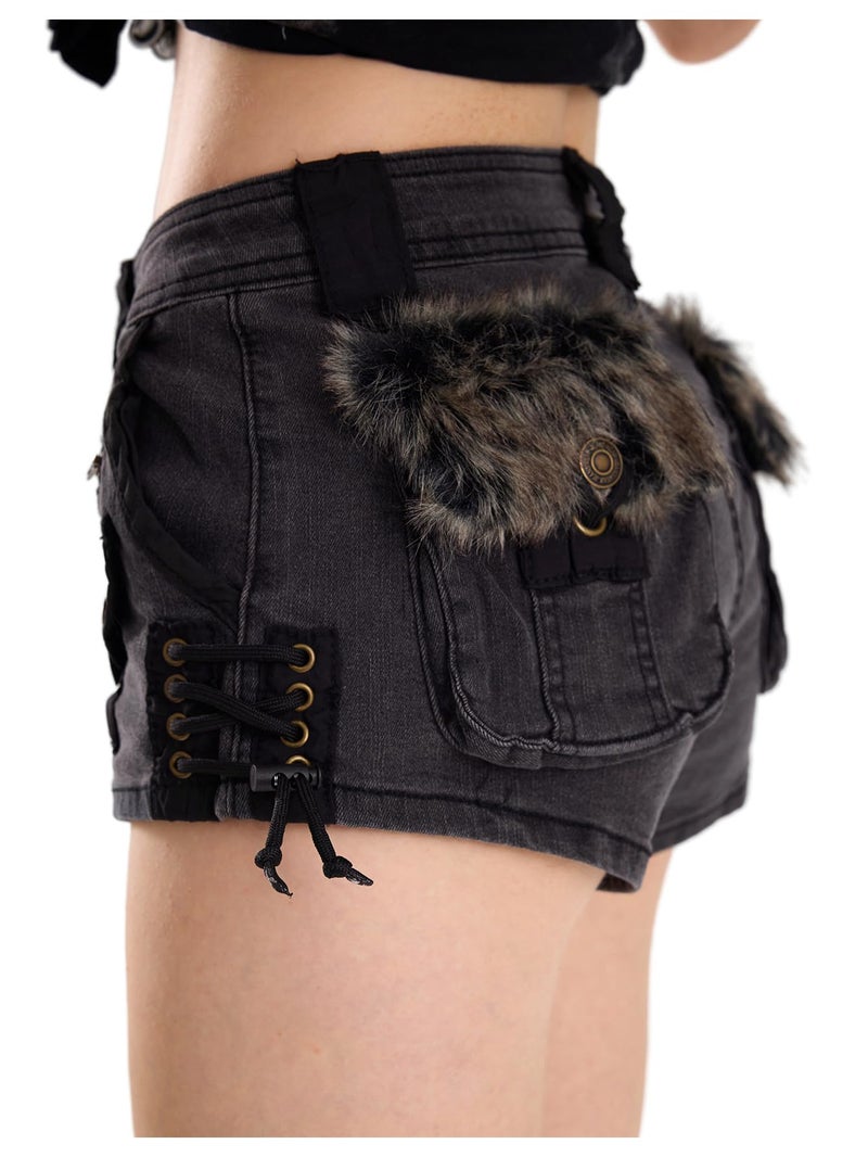 WDIRARA Women's Fuzzy Low Rise Denim Shorts Lace Up Vintage Mini Jean Shorts Streetwear Dark Grey Medium - Image 2