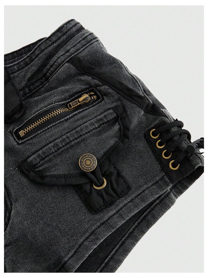 WDIRARA Women's Fuzzy Low Rise Denim Shorts Lace Up Vintage Mini Jean Shorts Streetwear Dark Grey Medium - Image 5