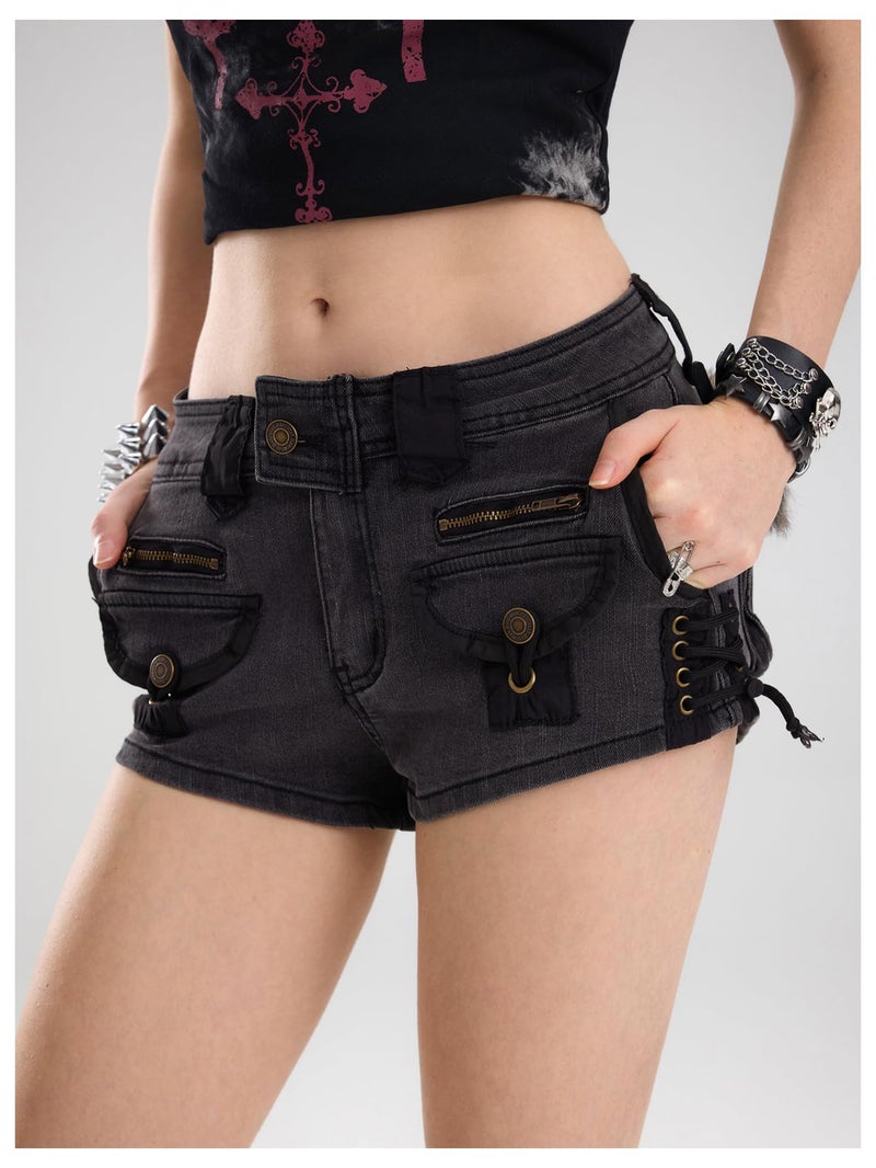 WDIRARA Women's Fuzzy Low Rise Denim Shorts Lace Up Vintage Mini Jean Shorts Streetwear Dark Grey Medium - Image 3