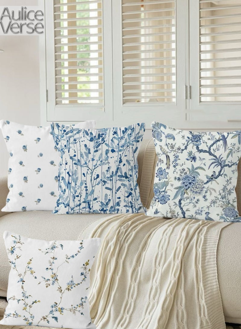 أوليس فيرس  مجموعة 4 أغطية وسائد مزهرية زرقاء من القطيفة القصيرة مقاس 18x18 بوصة - لأريكة السرير وديكور غرفة المعيشة - Image 2