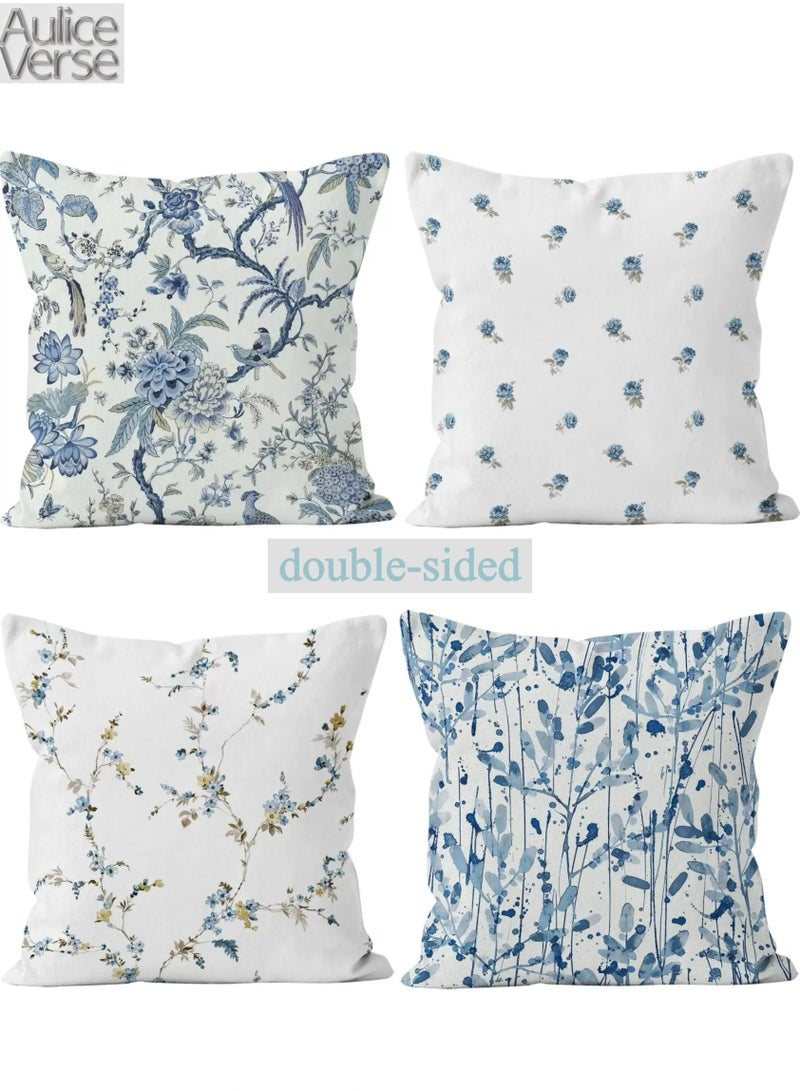 أوليس فيرس  مجموعة 4 أغطية وسائد مزهرية زرقاء من القطيفة القصيرة مقاس 18x18 بوصة - لأريكة السرير وديكور غرفة المعيشة - Image 1