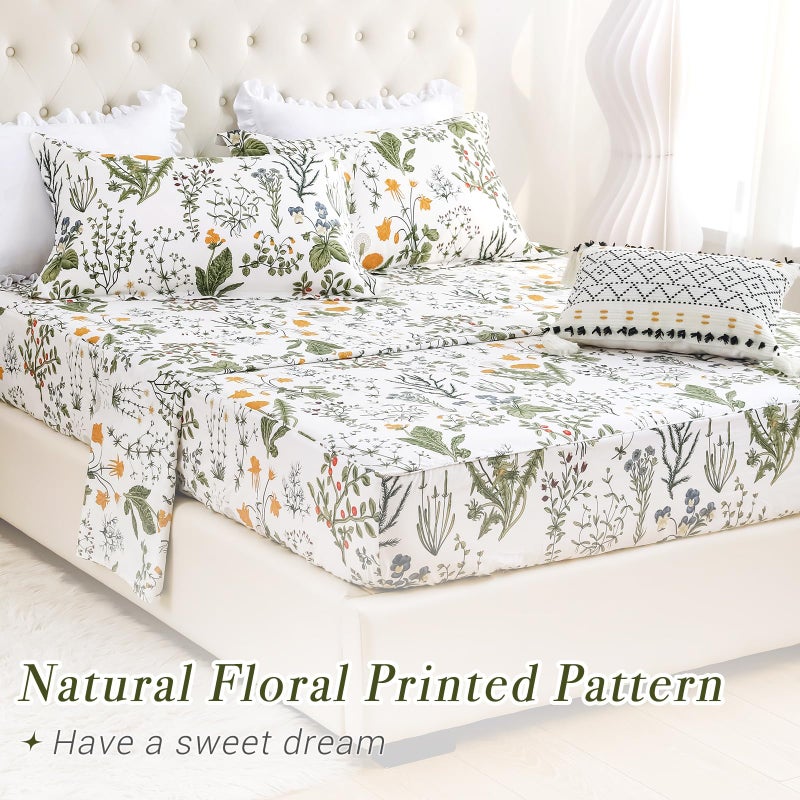 Lady Ann 100% Cotton Floral Queen Size Sheet Sets - Yellow Flowers & Leave Plant Pattern Botanical Printed Flower Bed Sheets Deep Pockets Cotton Floral Bedding Extra Soft and Breathable 4pcs - Image 3