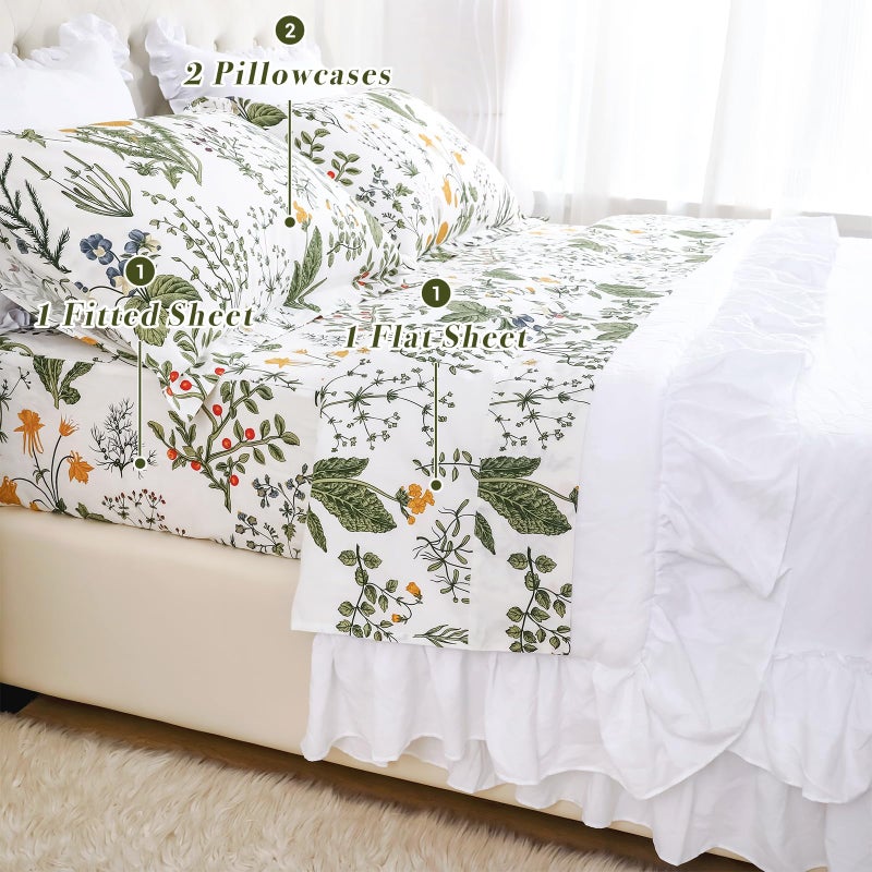Lady Ann 100% Cotton Floral Queen Size Sheet Sets - Yellow Flowers & Leave Plant Pattern Botanical Printed Flower Bed Sheets Deep Pockets Cotton Floral Bedding Extra Soft and Breathable 4pcs - Image 5
