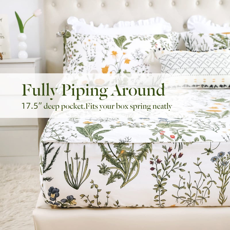Lady Ann 100% Cotton Floral Queen Size Sheet Sets - Yellow Flowers & Leave Plant Pattern Botanical Printed Flower Bed Sheets Deep Pockets Cotton Floral Bedding Extra Soft and Breathable 4pcs - Image 4