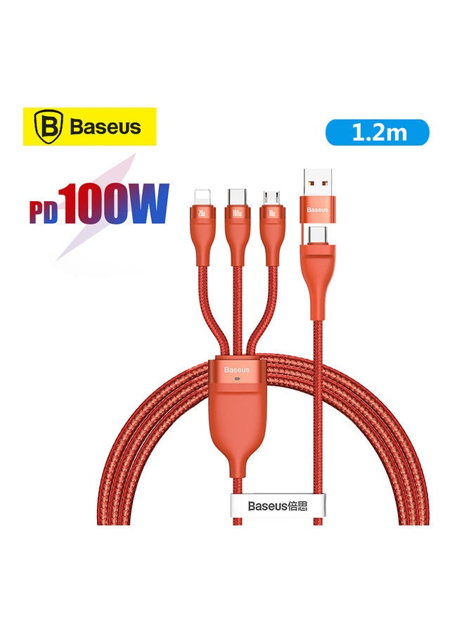 كابل شحن من منفذي USB A و USB C إلى 3 منافذ مايكرو USB ولايتنينج و Type-C من سلسلة فلاش بقدرة 100 وات، متوافق مع هواتف أبل من السلاسل 13 12 11 وماك بوك وآي باد وشاومي وسامسونج وهواوي وغيرها، بطول 1.2 متر برتقالي
