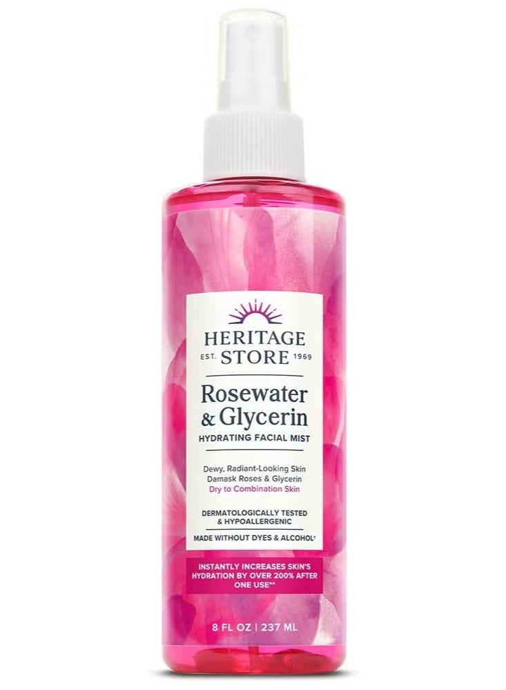 هيرتدج ستور ماء الورد والجلسرين، رذاذ مرطب للوجه للعناية بالبشرة الجافة والمختلطة، بخاخ ماء الورد للوجه مع الجلسرين النباتي، مصنوع بدون صبغات أو كحول، نباتي، 8 أونصة - Image 1