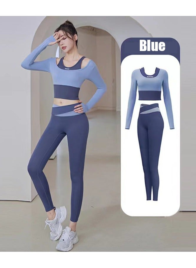NIBEMINENT Women's Quick Dry Running Fitness Tight Fake Two Blazers Set Sports Long Sleeve Yoga Athletic Bra And Legging Set Blue  - Image 1