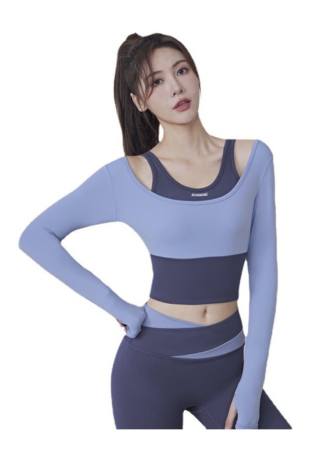 NIBEMINENT Women's Quick Dry Running Fitness Tight Fake Two Blazers Set Sports Long Sleeve Yoga Athletic Bra And Legging Set Blue  - Image 2