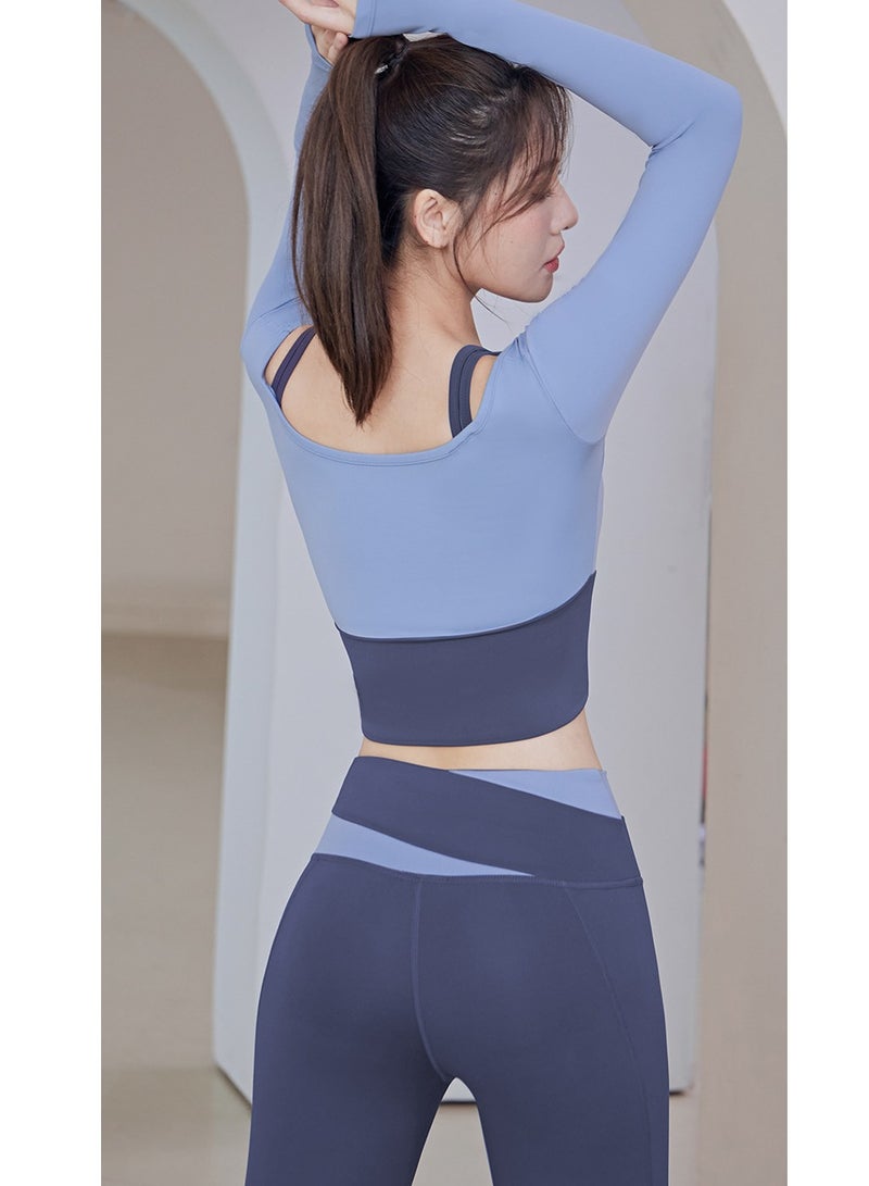NIBEMINENT Women's Quick Dry Running Fitness Tight Fake Two Blazers Set Sports Long Sleeve Yoga Athletic Bra And Legging Set Blue  - Image 5