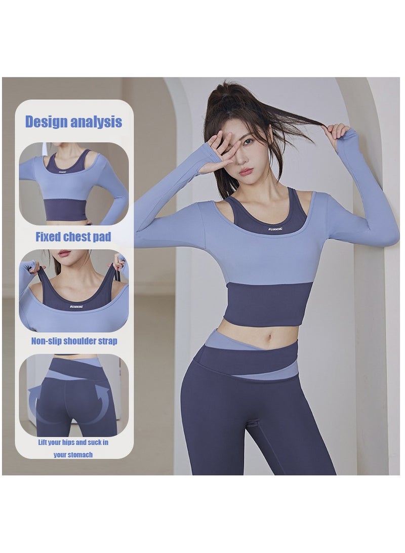 NIBEMINENT Women's Quick Dry Running Fitness Tight Fake Two Blazers Set Sports Long Sleeve Yoga Athletic Bra And Legging Set Blue  - Image 3