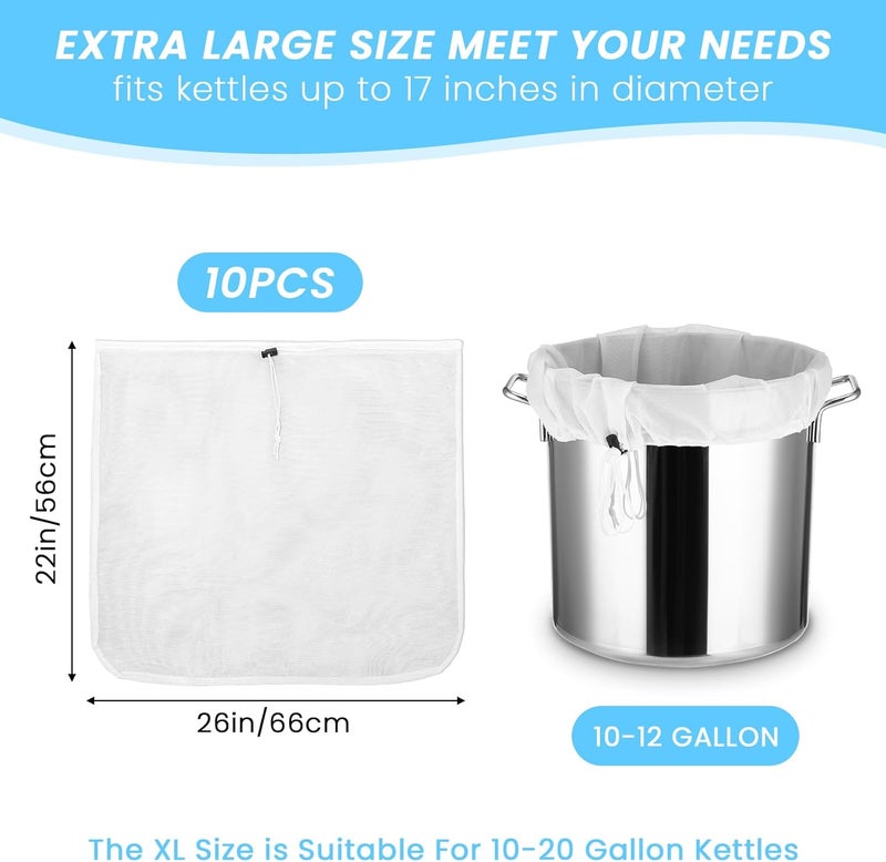 Lemecima 10 عبوة 26"x22" كيس تخمير، كيس تصفية كبير جداً، كيس شبكي دقيق قابل لإعادة الاستخدام، كيس فلتر أبيض بحبل سحب للبيرة، حليب المكسرات، تخمير بارد، نبيذ، قهوة، شاي، حبوب - Image 2