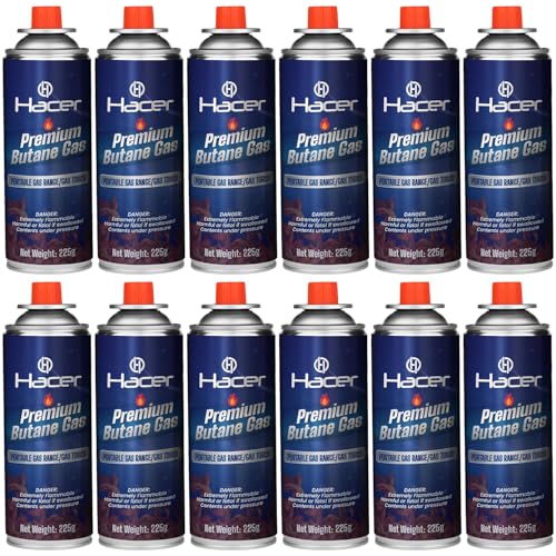 Hacer 12 x 225g Pure Butane Gas Cartridges for Camping Stove, Portable High Pressure Refill Fuel for Welding Torch, Fogging Machine & Lighters, Non-Freeze Canisters Pack of 12 - Image 1