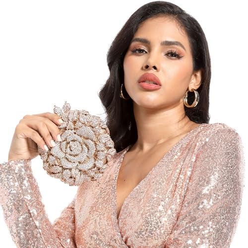 Boutique De FGG حقيبة كلاتش كريستال زهور وردية دائرية من بوتيك دي إف جي للنساء حقائب رسمية لسهرة الزفاف حقائب يد للحفلات، صغيرة، ذهبية - Image 2